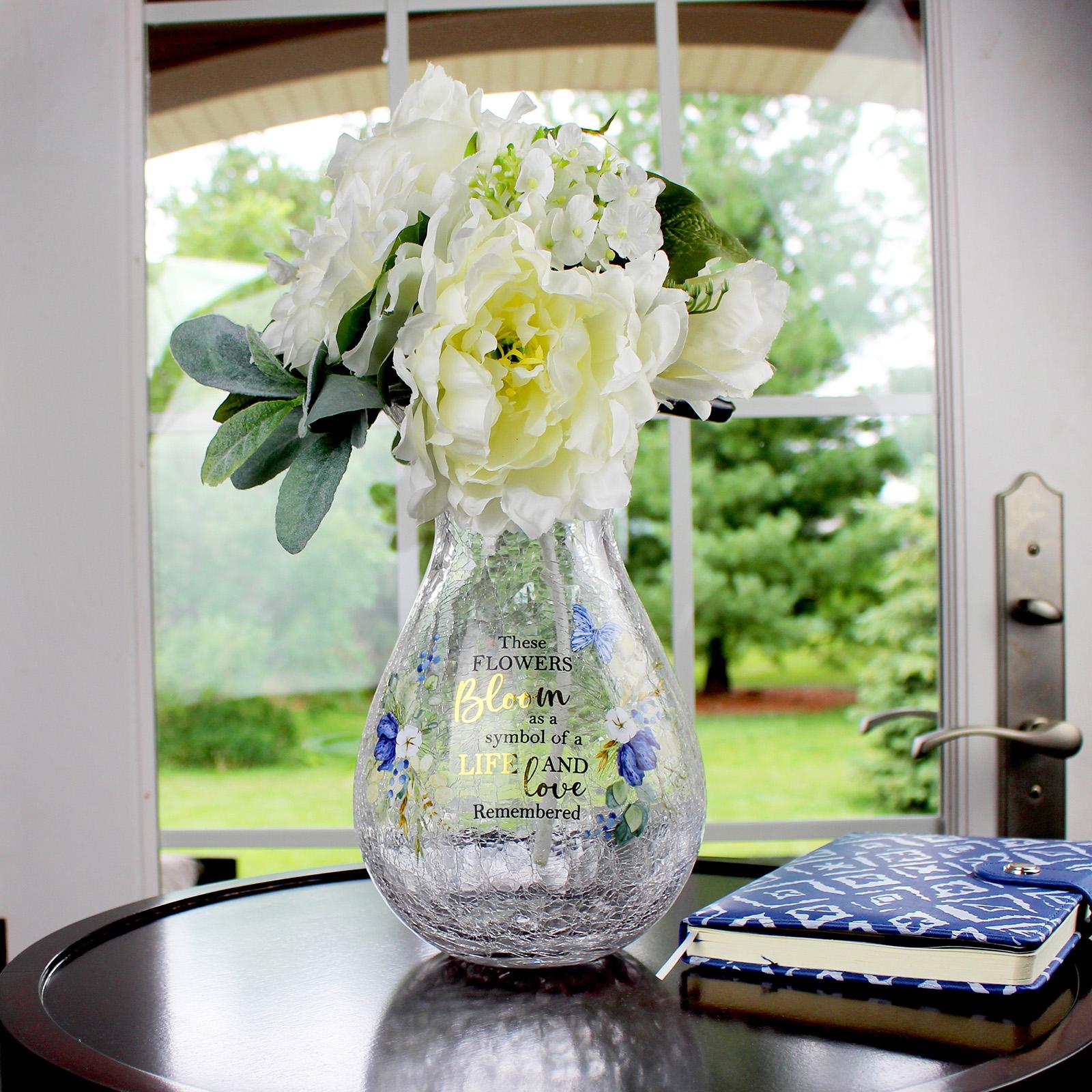 Crackle Glass Memorial Flower Vase with Sympathy Verse
