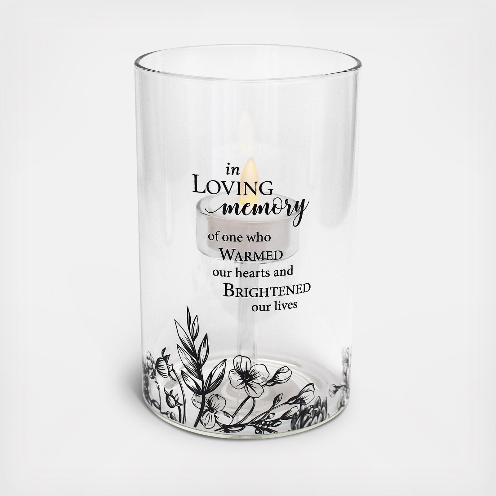 "In Loving Memory" Floral Glass LED Candle Holder with Sympathy Verse