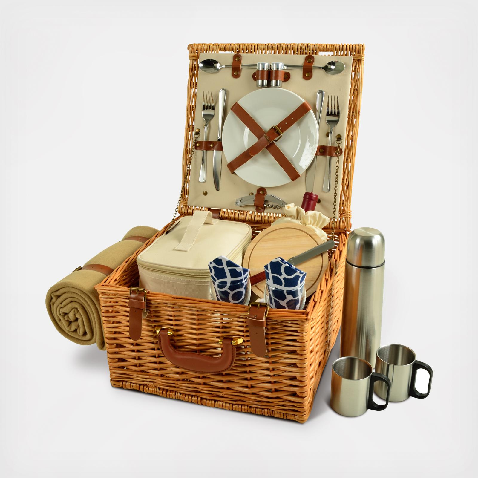 2-Person English Style Willow Picnic Hamper with Blanket & Coffee Set