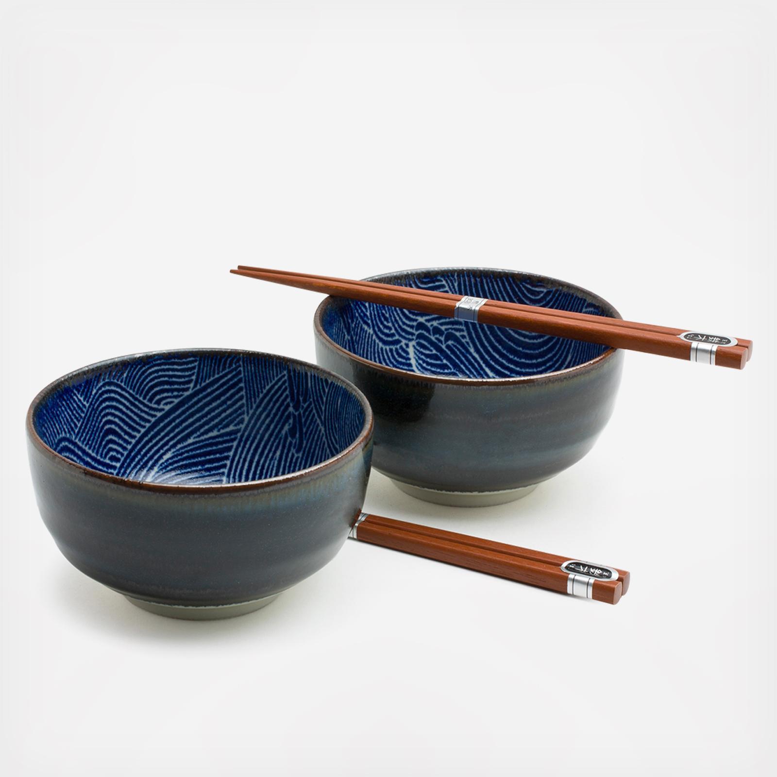 4-Piece Aranami Blue Wave Noodle Bowl Set