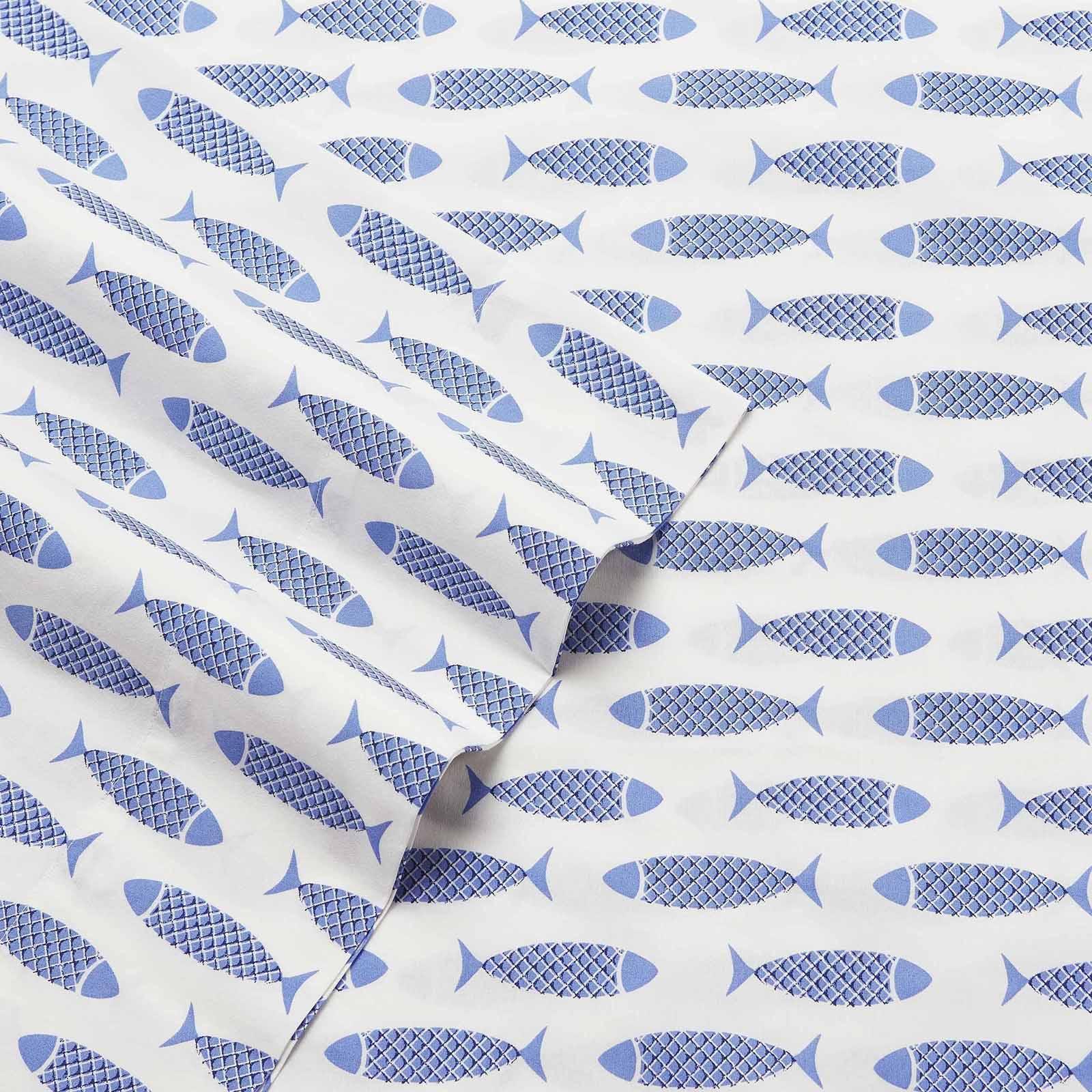 Woodblock Fish Percale 4-Piece Sheet Set