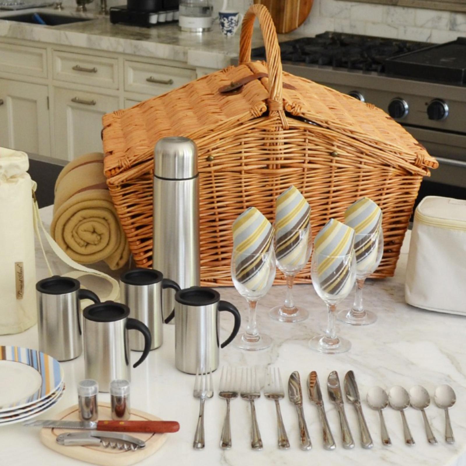 4-Person English Style Willow Picnic Hamper with Blanket & Coffee Set