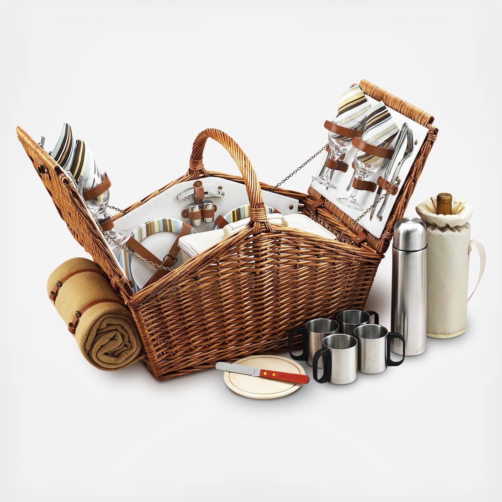 4-Person English Style Willow Picnic Hamper with Blanket & Coffee Set