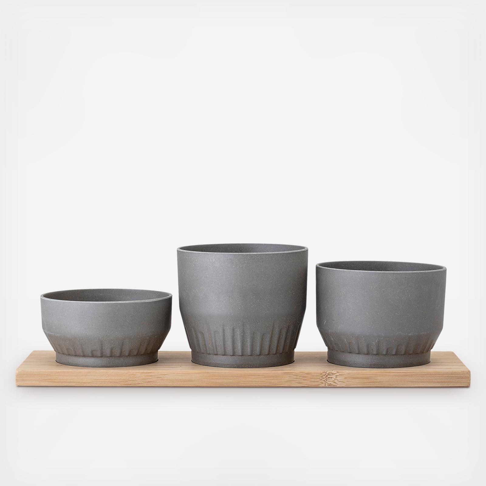 3-Piece Bamboo Planter Set with Wood Tray