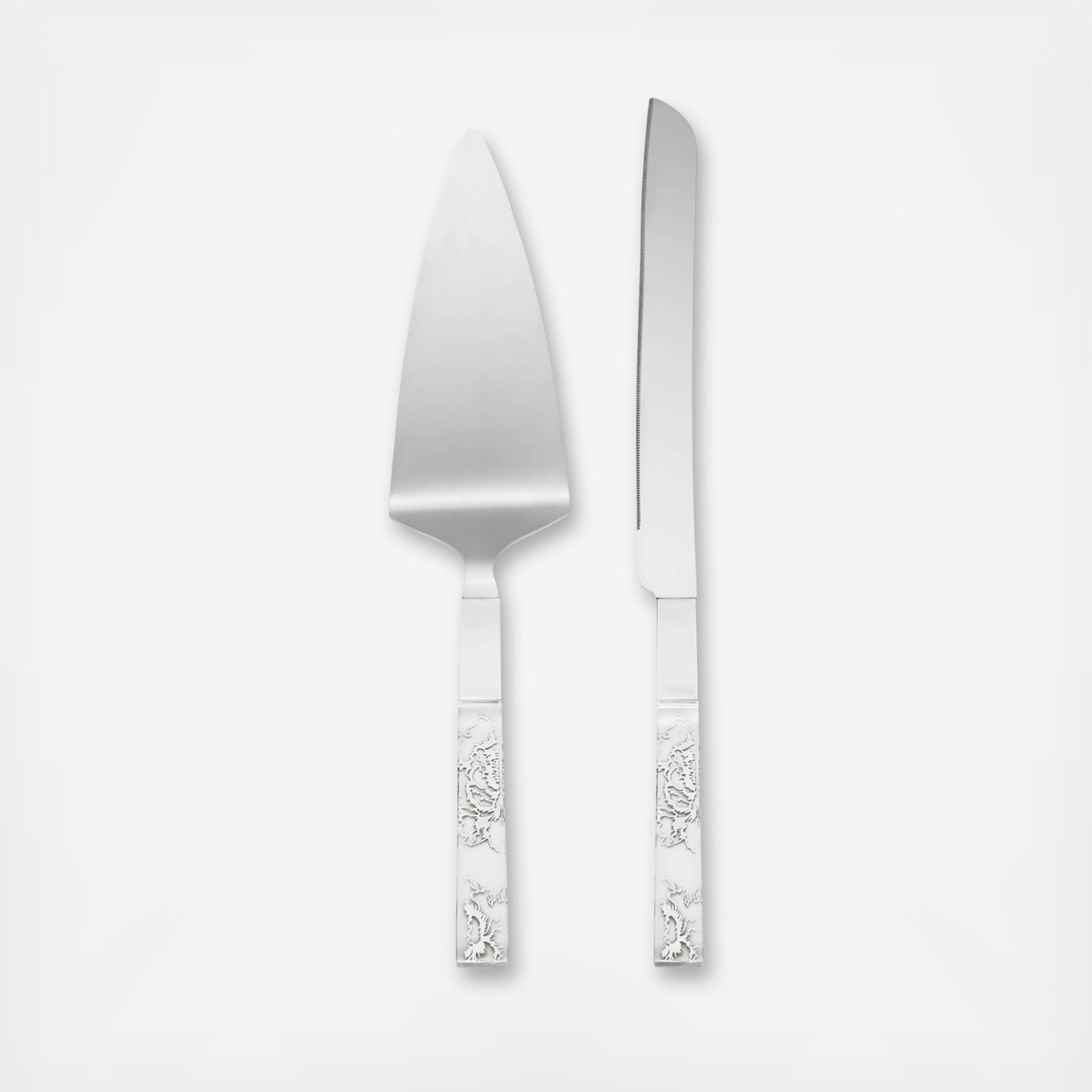 Silver Peony Cake Knife & Server Set