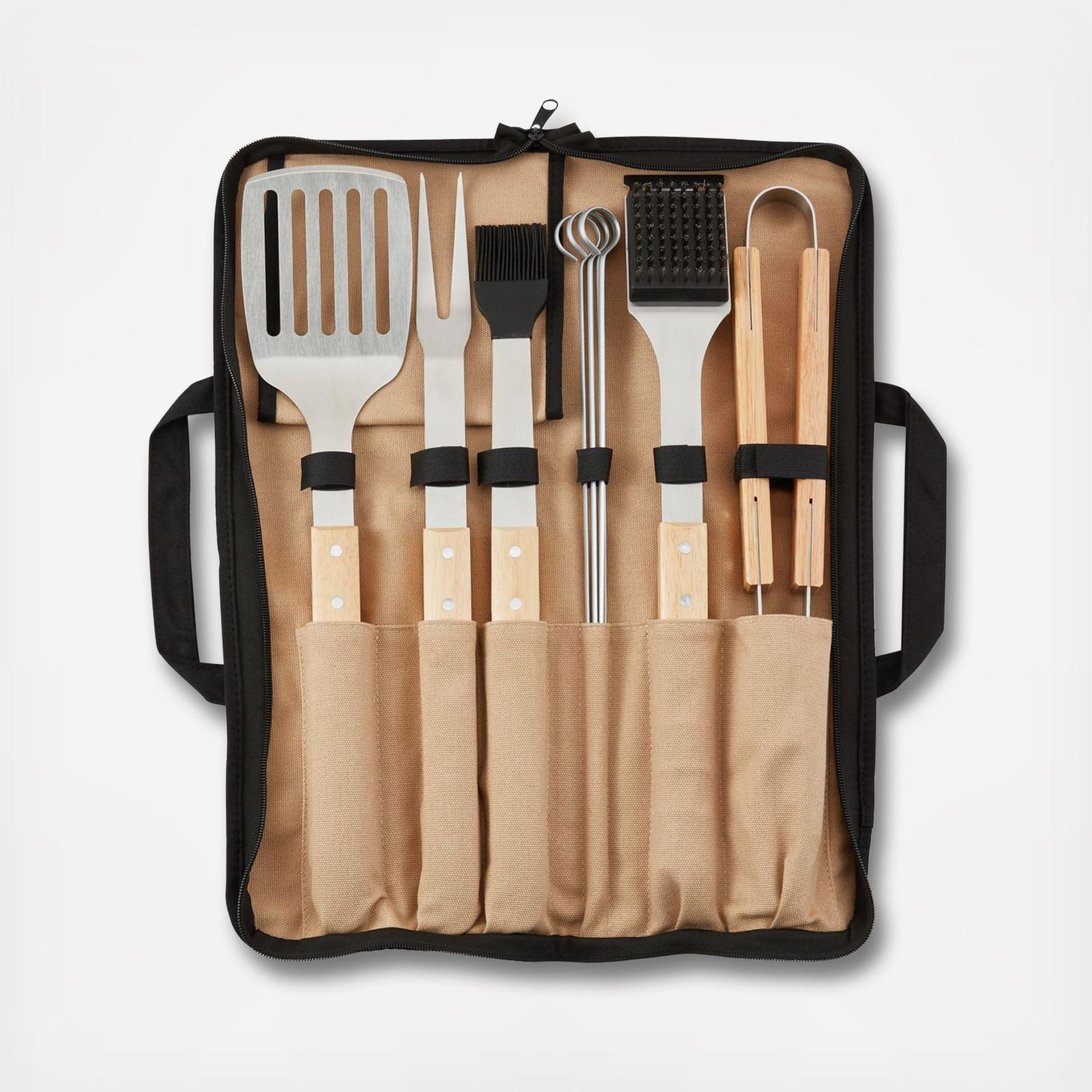 Wood-Handled 9-Piece Barbecue Tool Set
